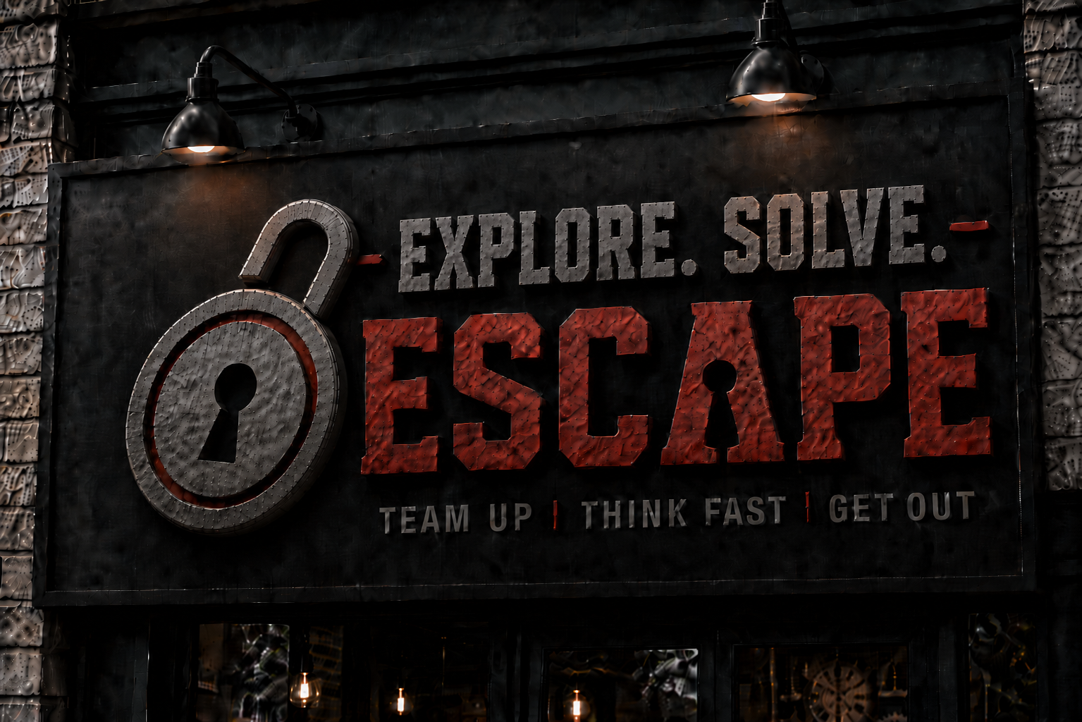 Explore. Solve. Escape. escape room sign